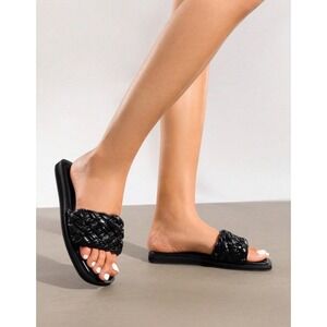 NEW Braided Slide Sandal Shoe Square Toe Black Flat Slides Slip On Y2K Women's 6